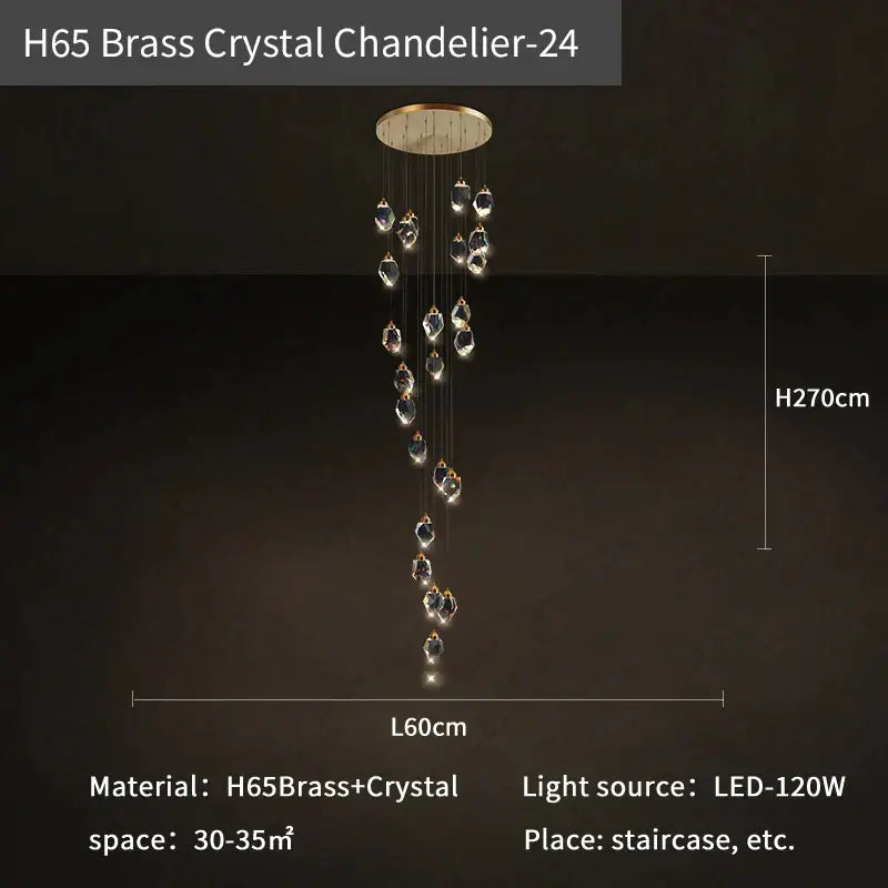 Modern crystal loft chandelier with h65 brass base and cascading clear faceted crystals for large pendant lighting