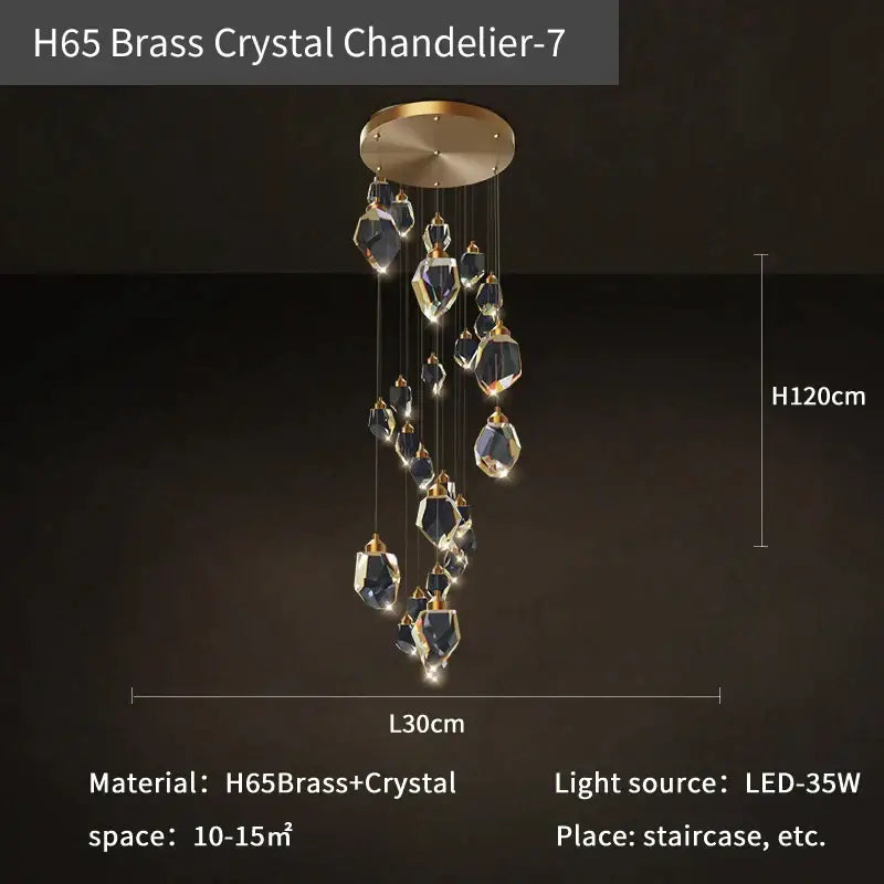 Modern h65 brass crystal loft chandelier with golden base and cascading faceted crystal droplets for stairwell lighting