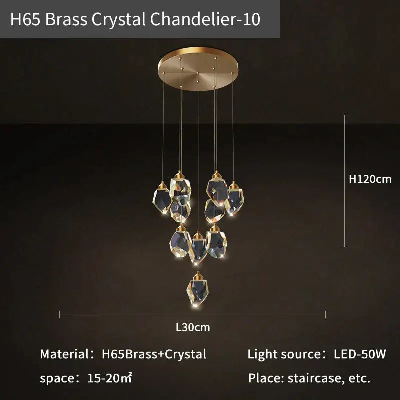 Gold h65 brass crystal loft chandelier with faceted clear crystals hanging from circular brass base for stairwell lighting