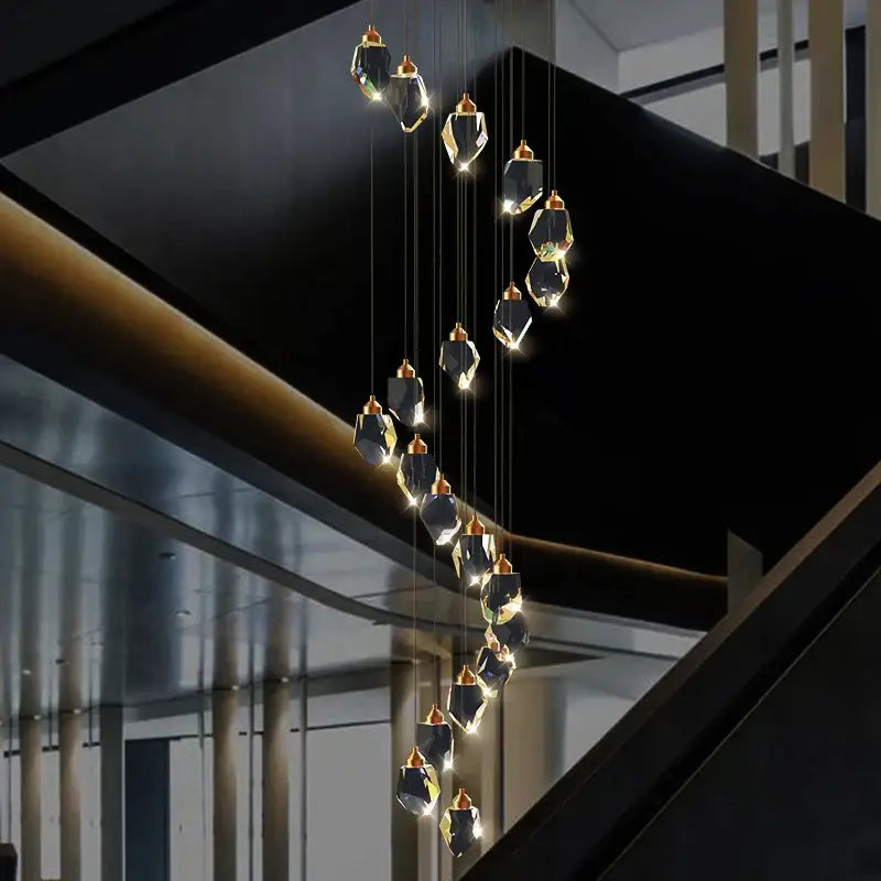 Modern crystal loft chandelier with faceted black crystal pendants and gold tops for large stairwell lighting decorbites crystal loft