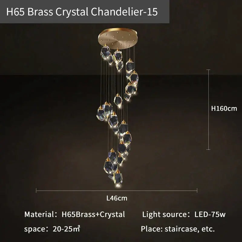Modern h65 brass crystal loft chandelier with cascading faceted clear crystals and gold-toned accents for stairwell lighting
