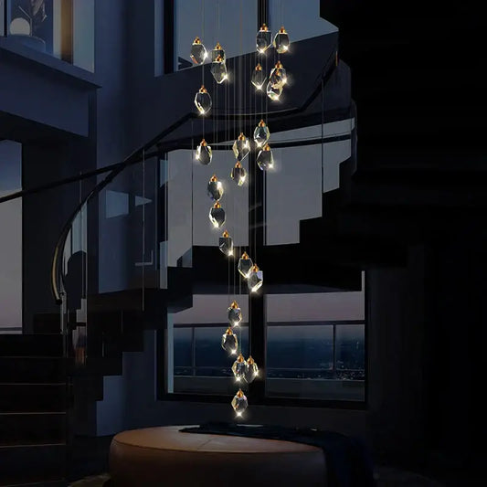 Modern crystal loft chandelier with faceted crystal pendants and illuminated bulbs for stairwell pendant lighting decorbites crystal loft