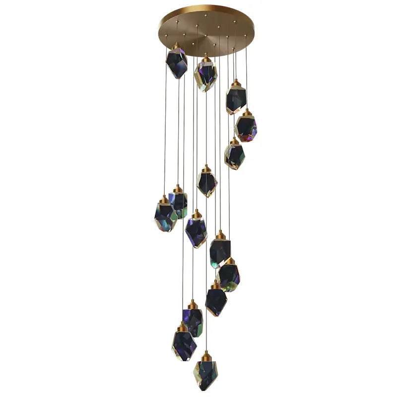Modern crystal loft chandelier with gold-toned mount and faceted purple blue iridescent crystal pendants for stairwell lighting