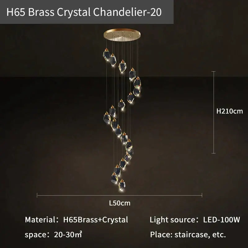 Modern crystal loft chandelier with h65 brass golden base and cascading faceted crystals in elegant spiral pattern