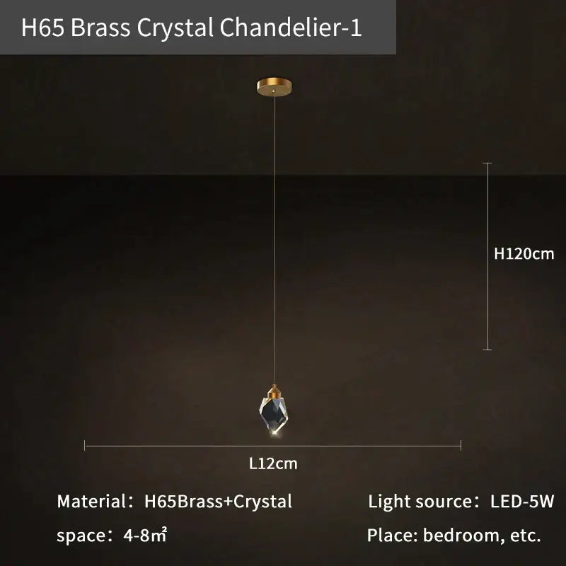 H65 brass modern crystal loft chandelier with faceted dark blue crystal pendant and gold-toned ceiling mount