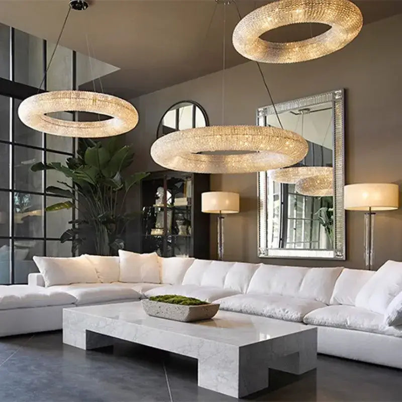 Three elegant circular crystal loft chandeliers with sparkling crystal design for modern luxury living room decorbites crystal loft