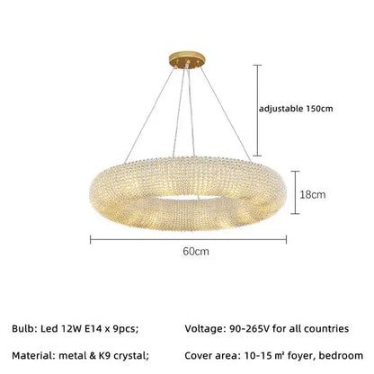 DecorBites™ Crystal Loft Chandelier: Modern Luxury Circle Pendant Lamp for Living Room Lighting
