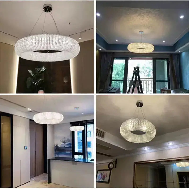 A modern crystal loft chandelier with a silver ring of clear crystal beads for living room decorbites lighting