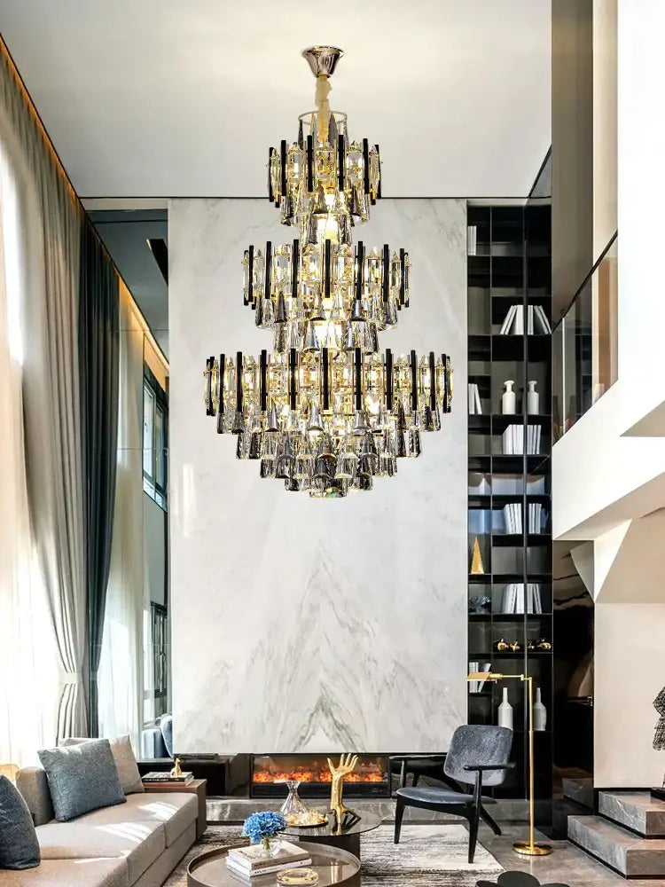 Modern crystal gold and black pendant light featuring a multi-tiered crystal loft chandelier for elegant living room decorbites design