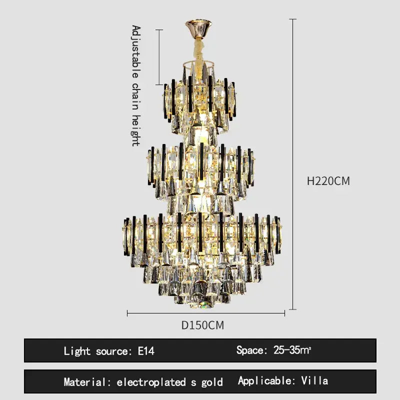 Modern crystal gold and black pendant light featuring a multi-tiered decorbites crystal loft chandelier with clear prisms
