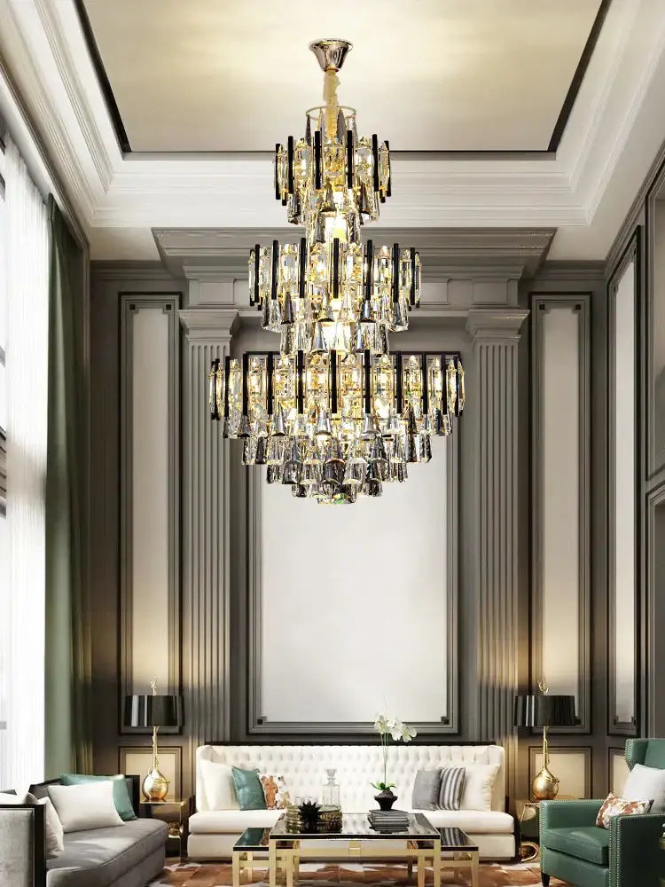 Modern crystal gold and black pendant light chandelier with multi-tiered clear and amber crystals for living room decorbites crystal loft