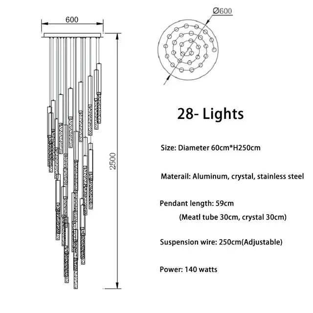 Elegant decorbites crystal loft 28-light chandelier with spiral design in gold aluminum crystal and stainless steel for living rooms