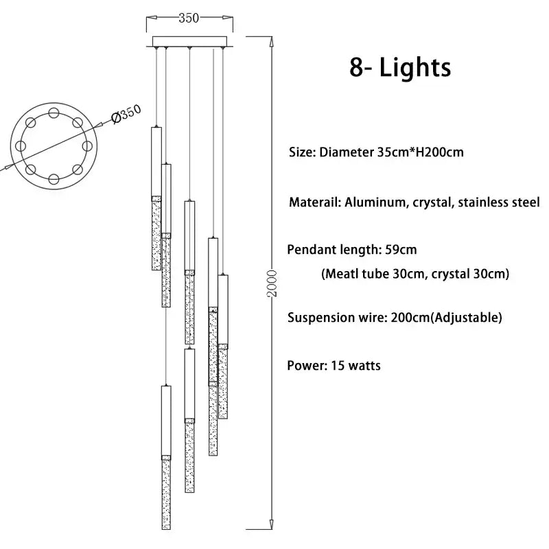 Modern 8-light decorbites crystal loft chandelier with sleek aluminum crystal and stainless steel design for living room lighting