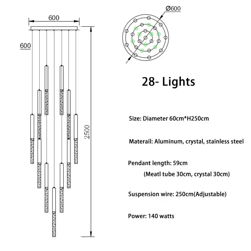 A modern 28-light decorbites crystal loft chandelier with a circular aluminum frame and crystal accents for living rooms