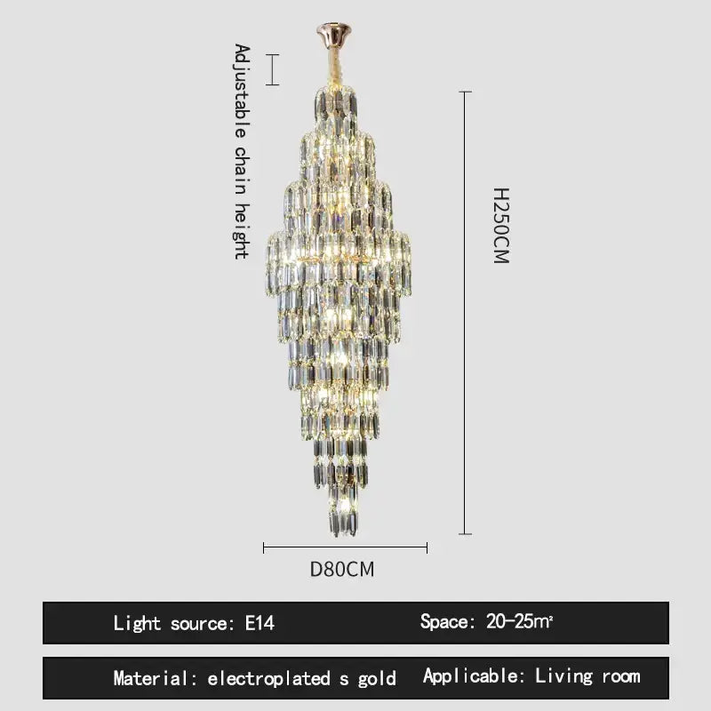 A tall crystal spiral tiered loft pendant light with gold-plated finish and hanging crystals for staircase and living room