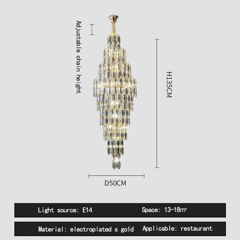 Elegant crystal spiral tiered loft pendant light with cascading clear crystals and electroplated gold finish for staircase and living room