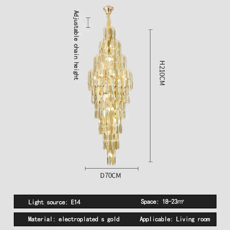 Gold electroplated pendant light with cascading crystal tiers loft pendant light for staircase and living room