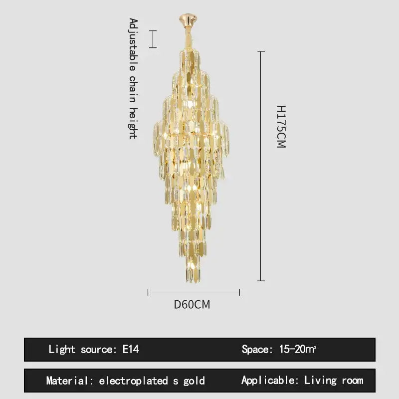 Gold electroplated pendant light with cascading crystal tiers ideal as a loft pendant light for staircase and living room