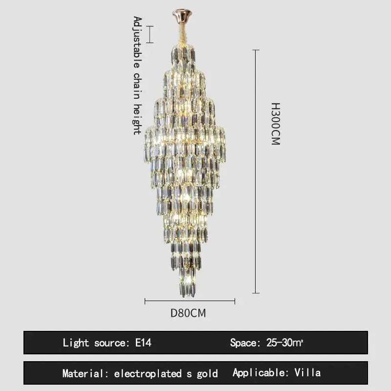 Elegant crystal spiral tiered loft pendant light with electroplated gold finish and clear faceted crystals for staircase