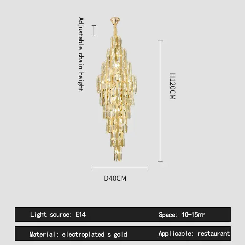 Gold electroplated crystal spiral tiered loft pendant light with cascading crystals and adjustable height for staircase and living room