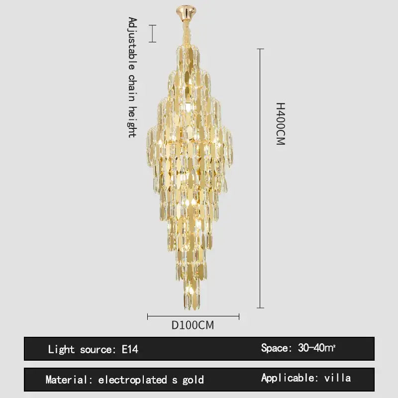 Gold electroplated crystal spiral tiered loft pendant light with cascading tiers for staircase and living room lighting