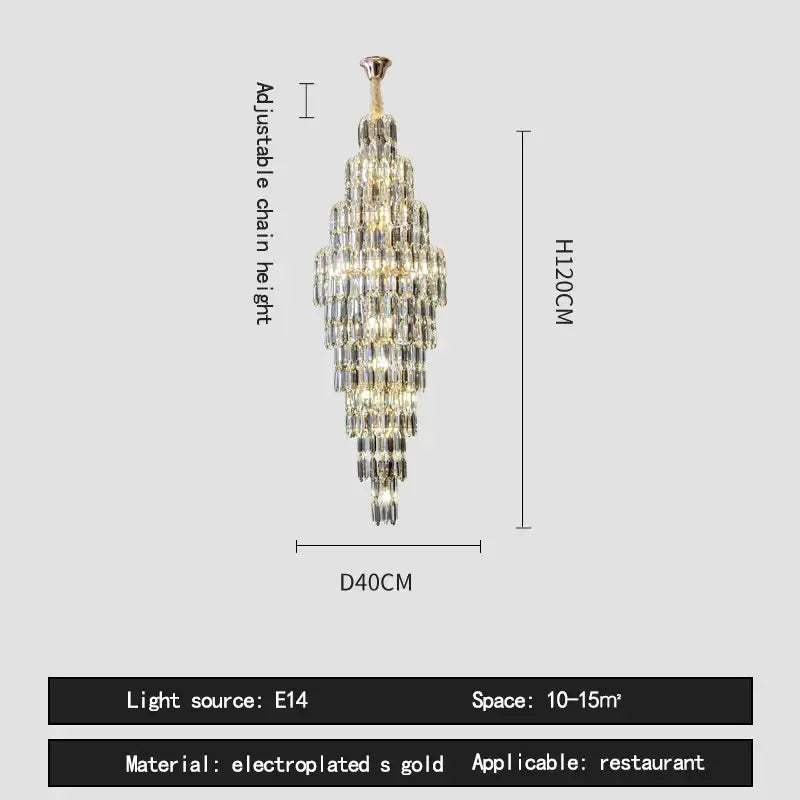 Crystal spiral tiered loft pendant light with sparkling electroplated gold finish and adjustable height for staircase and living room