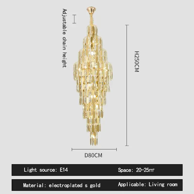 Gold electroplated crystal spiral tiered loft pendant light with cascading droplets for staircase and living room