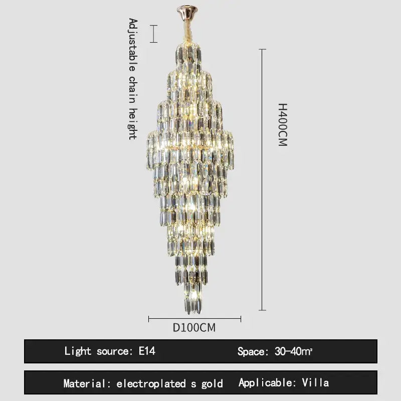 Elegant crystal spiral tiered loft pendant light with electroplated gold finish and clear faceted crystals for staircase and living room