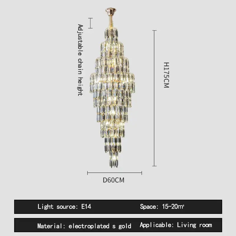 Crystal spiral tiered loft pendant light with adjustable electroplated gold frame and cascading clear crystals for staircase