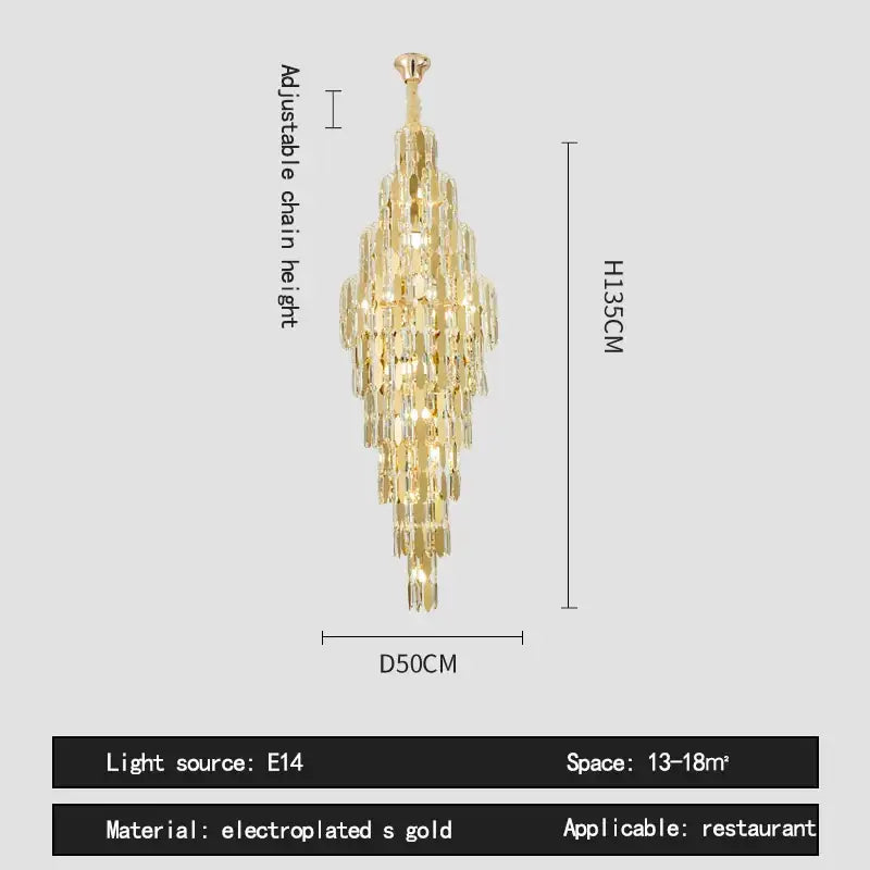 Gold electroplated crystal spiral tiered loft pendant light with cascading droplets for staircase and living room