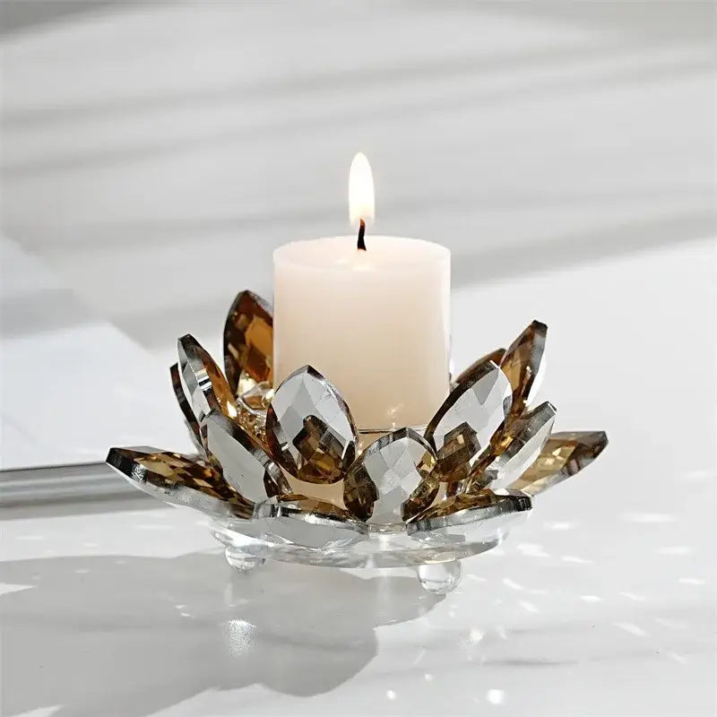 Delicate faceted amber crystal lotus candle holder with clear glass base for colorful dining room aromatherapy use