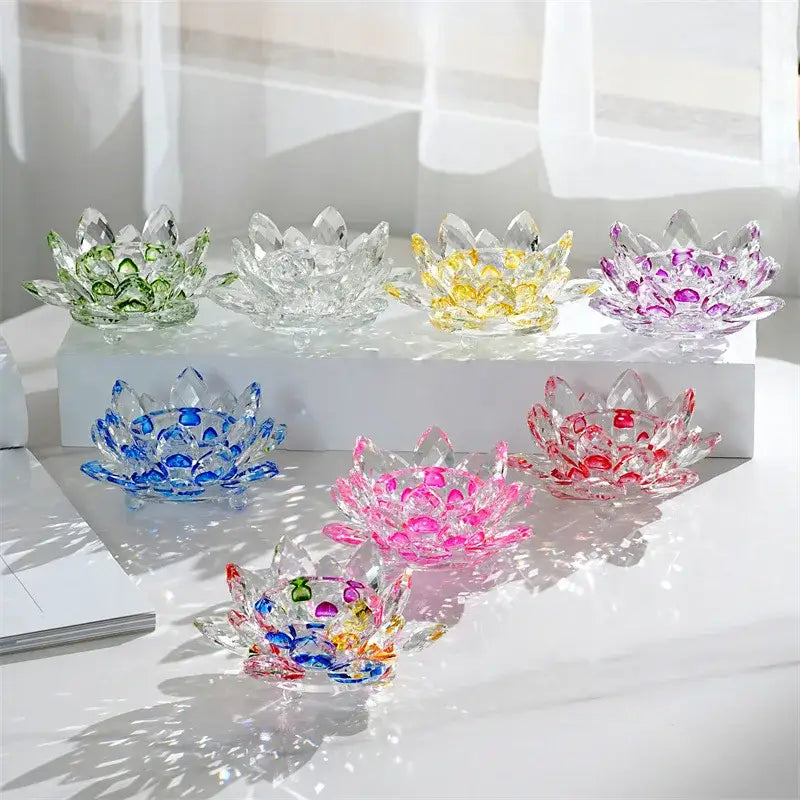 Colorful crystal lotus candle holder in transparent vibrant hues for dining room aromatherapy use