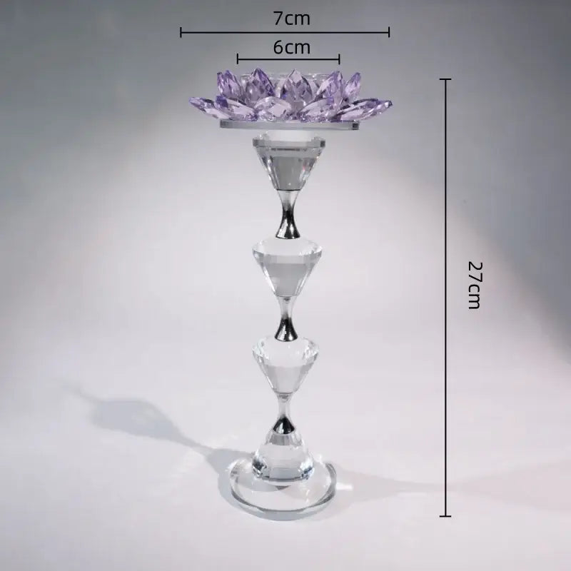 Translucent purple lotus candle holder with clear glass tiers and silver accents standing 27cm tall for dining decor
