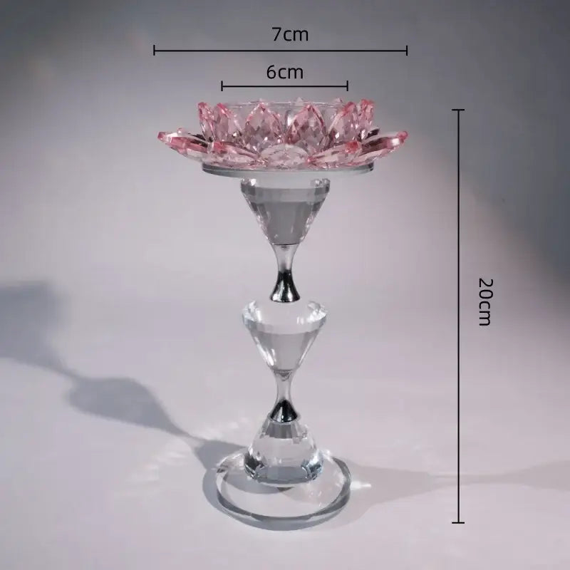 Pink and clear crystal lotus candle holder with delicate pink lotus candle and glass stem for elegant dining room decor