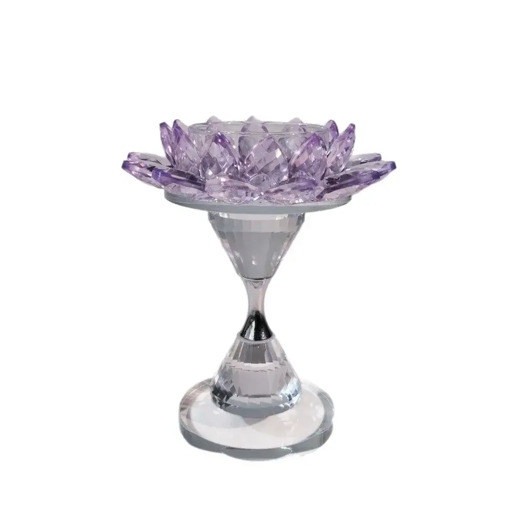 Translucent purple lotus candle holder with clear glass stem and base for dining room decor and candles