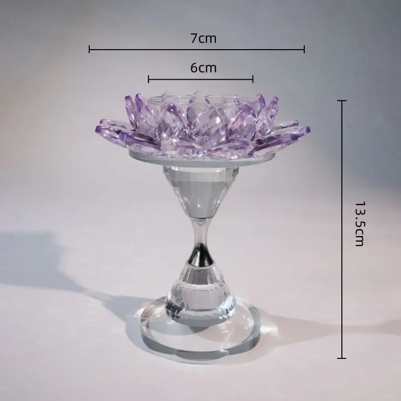 Pink and clear crystal lotus candle holder with translucent purple lotus design and clear glass stem for dining room decor