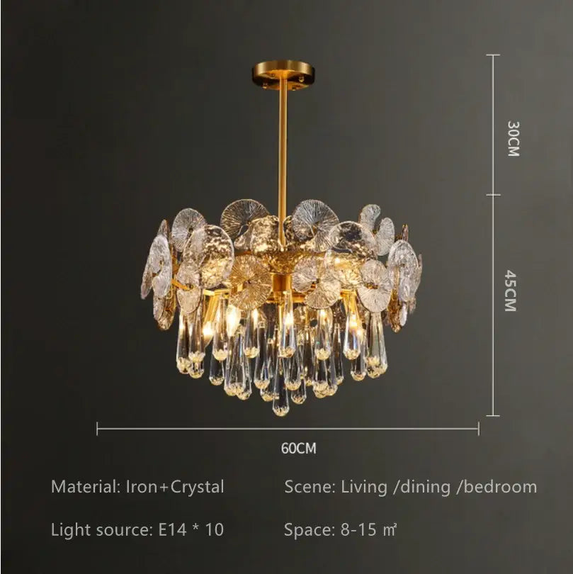 A nordic golden crystal lotus chandelier with crystal leaf and teardrop accents for luxury dining rooms
