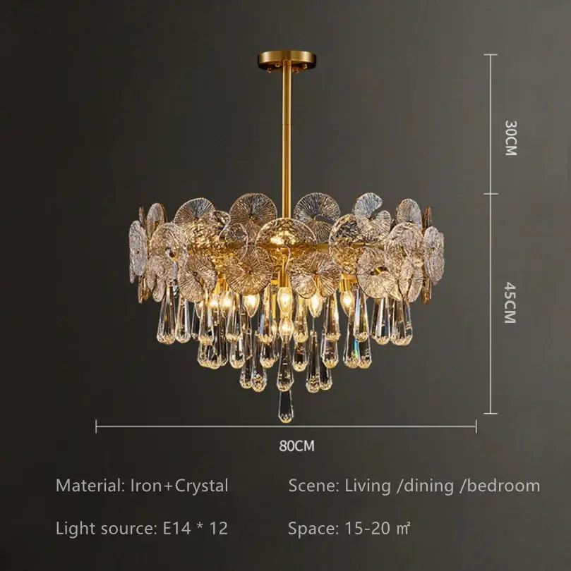 A nordic golden crystal lotus chandelier with intricate crystal flower and teardrop pendant details for dining room luxury glass