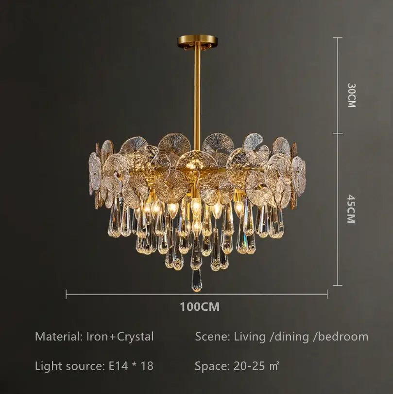 A golden nordic crystal lotus chandelier with intricate glass flower and teardrop designs for luxury dining rooms