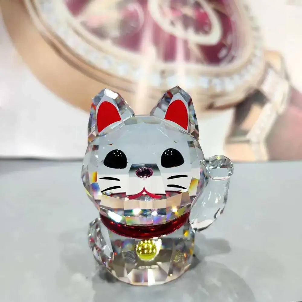 Faceted crystal lucky cat figurine with red ears collar purple gem nose and golden bell for living room decor