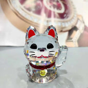 Faceted crystal lucky cat figurine with red ears collar purple gem nose and golden bell for living room decor