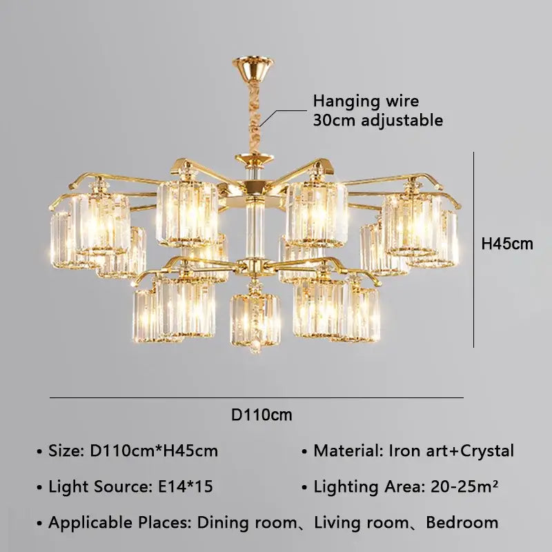 Modern gold crystal lustre chandelier with multiple glass shades and adjustable hanging wire for luxury dining room decorbites lighting