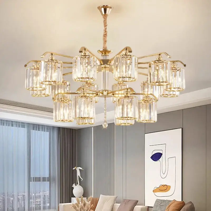 Modern gold crystal lustre chandelier with clear glass cylinders and brass frame for luxury dining room decorbites lighting