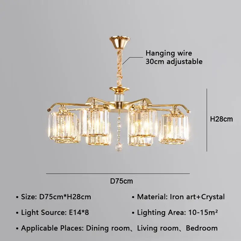 Modern gold crystal lustre chandelier with five crystal encased lights and twisted hanging wire for luxury dining decorbites lighting