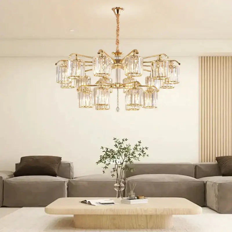 Modern gold crystal lustre chandelier with clear glass shades and twisted metal chain ideal for luxury dining room decorbites crystal lustre