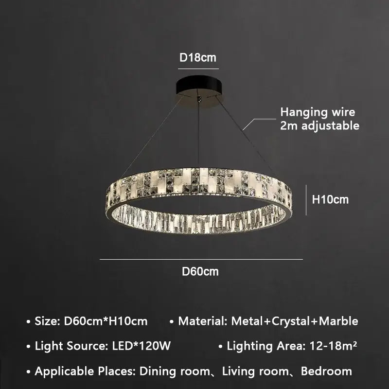 A modern crystal lustre circle chandelier with a sleek metal frame, marble accents, and led lighting for dining rooms