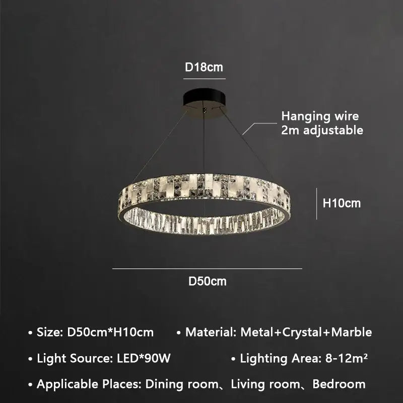 A modern crystal lustre circle chandelier with metallic frame, embedded crystals, and marble inlay for dining room decorbites crystal lustre
