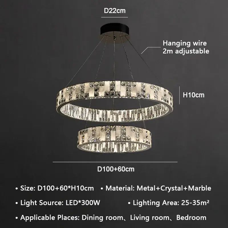 Modern double-ring decorbites crystal lustre circle chandelier with metallic frame marble accents for dining room decor