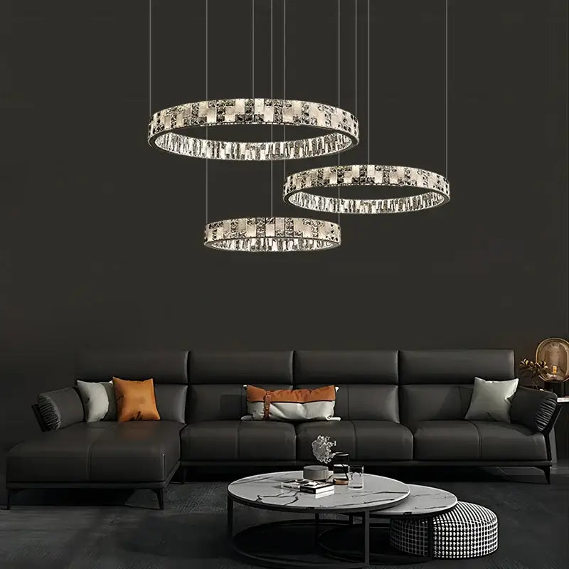 Modern crystal lustre circle chandelier with three-tiered crystal-encrusted rings for elegant dining room decorbites crystal lustre