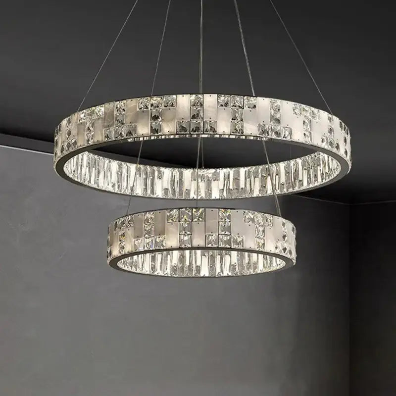 Modern double-ring lustre circle chandelier with clear crystal accents and sleek metallic frame for dining room decorbites crystal lustre